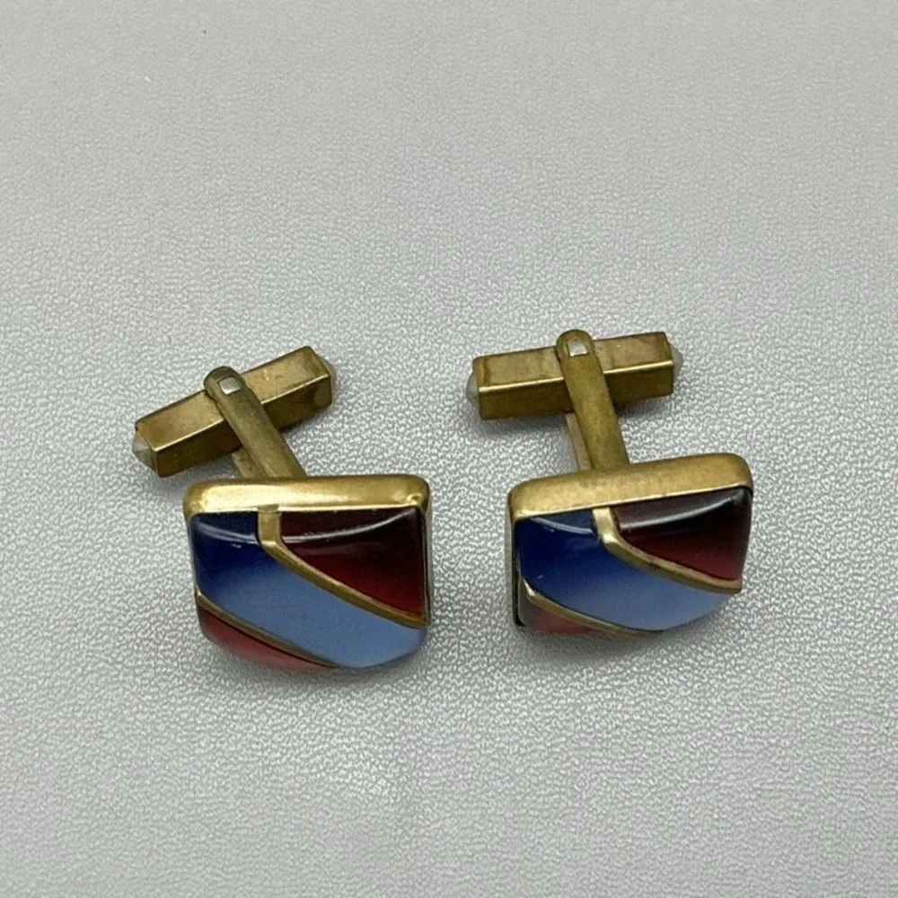 Vintage Cufflinks Mens Gold Tone Red Blue Lucite-Look Acrylic Geometric 7/8